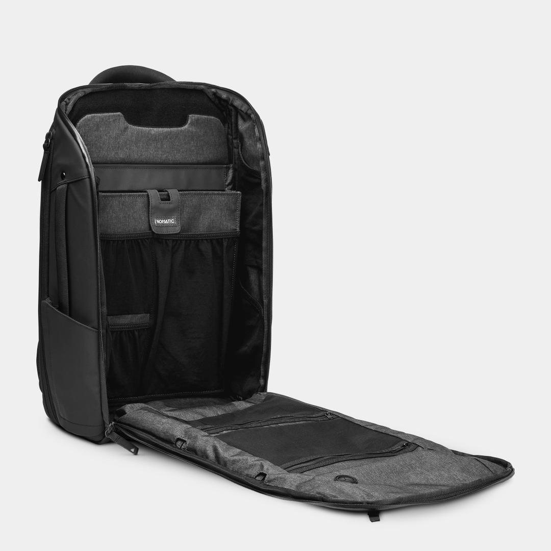 Gomatic Black Backpack Open Pocket Front Angle View#color_black
