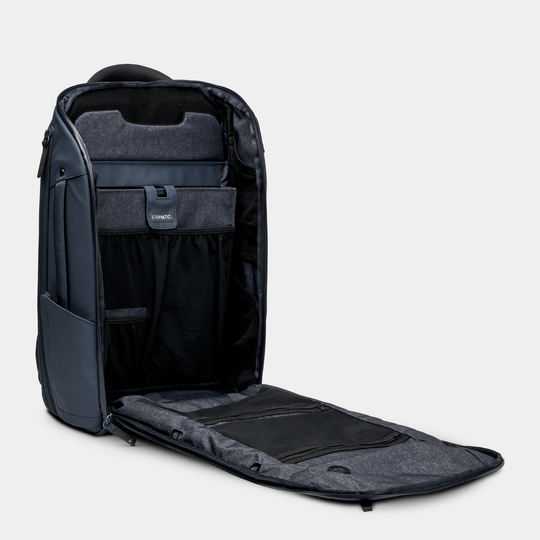 Gomatic Navy Backpack Open Pocket Front Angle View#color_Navy