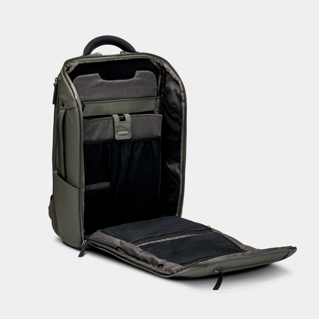 Gomatic Olive Backpack Open Pocket Front Angle View#color_olive