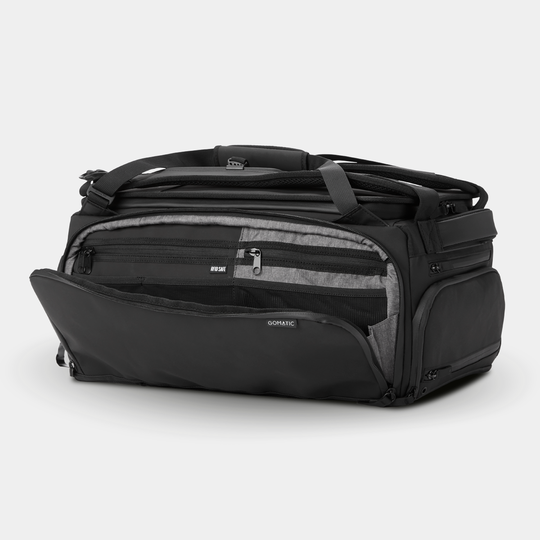 Gomatic Black Travel Bag 30L Side Angle Pocket Front View