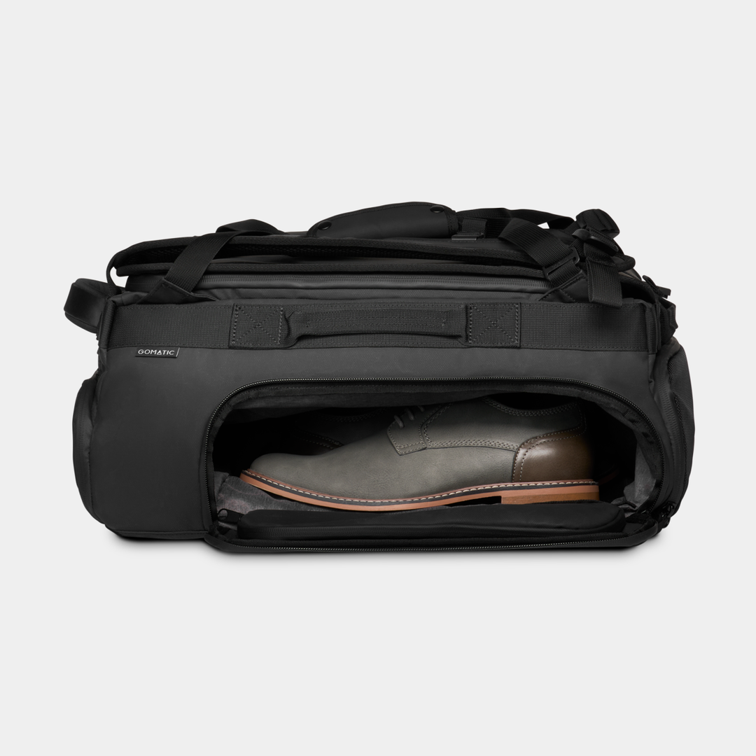 Gomatic Black Travel Bag 30L Side Open Pocket Shoe Storage View