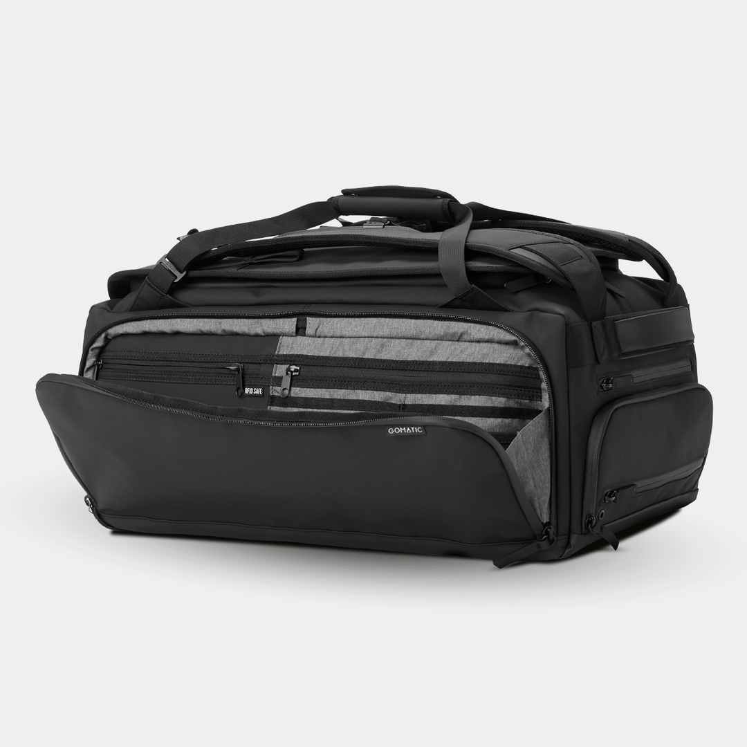 Gomatic Black Travel Bag 40L Side Pocket Front View